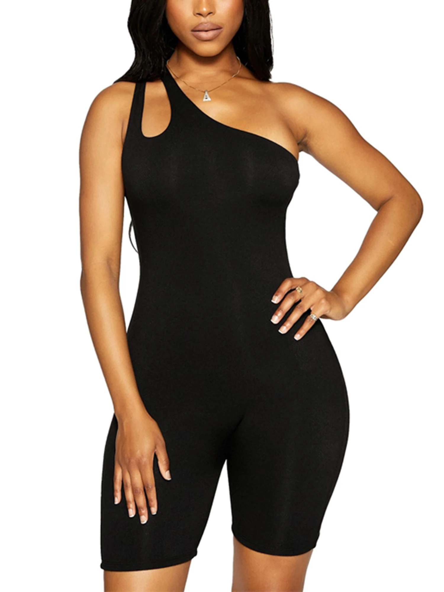 

Solid Color Sleeveless One Shoulder Jumpsuit with Hollow Out Design - Close-fitting Women s Playsuit with Shorts - Chic One