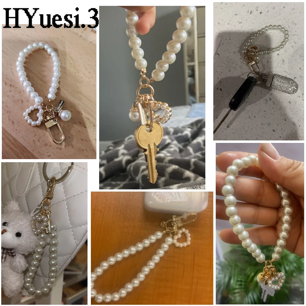 Vintage Heart Shell Pendant Keyrings Elegant Faux Pearl Beaded Bracelet Keychain With Metal Tag For Purse Mobile Phone Ornament