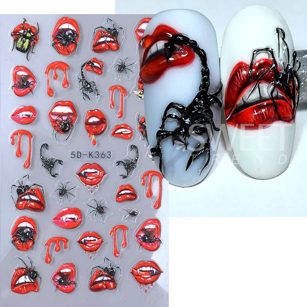 5D Halloween Nail Art Stickers Cartoon Bleeding Spider Pumpkin Design Nail Slider Decals for DIY Manicure Decoration Accessories