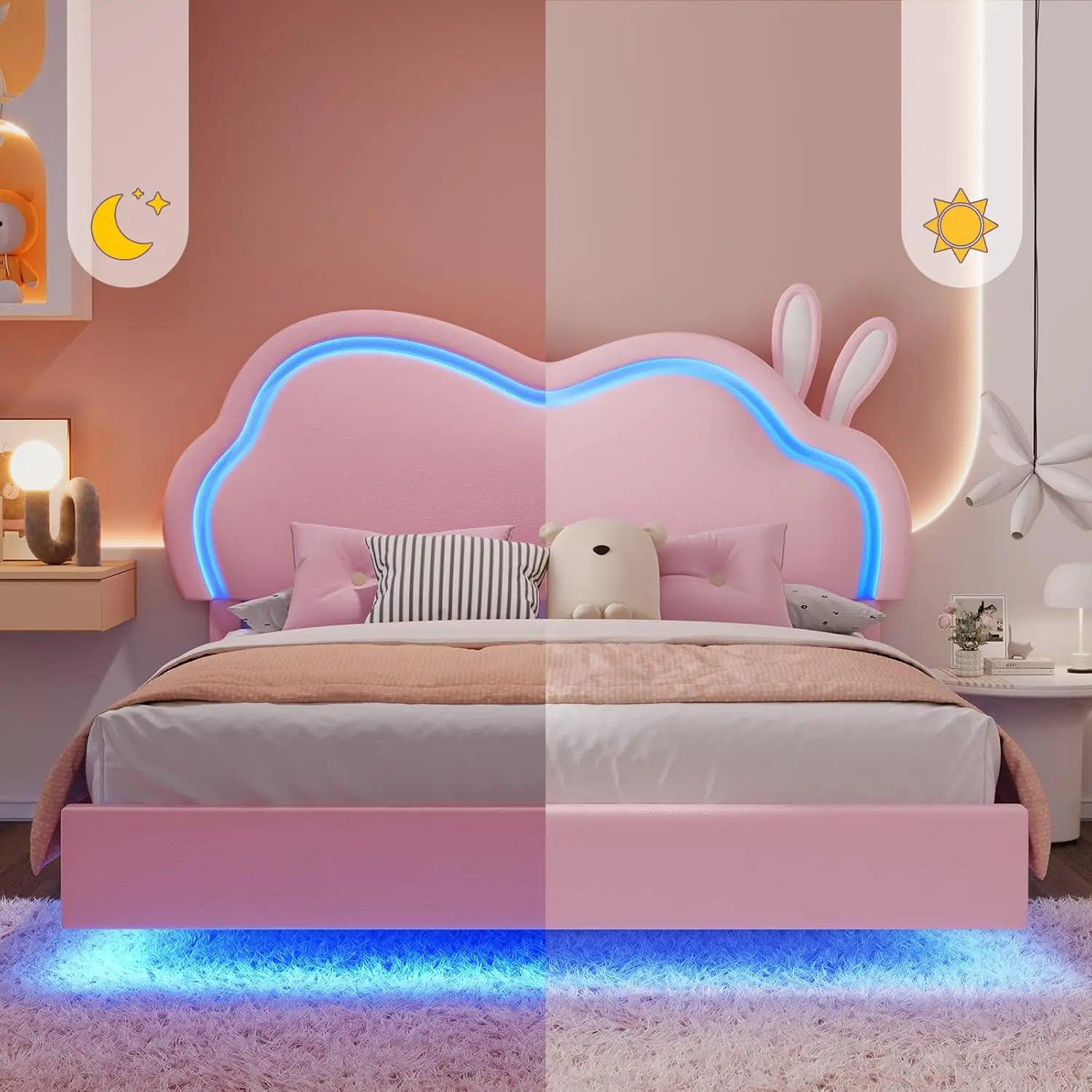 Floating Twin Bed Frame With Adjustable LED Headboard, Cute Leather Upholstered Platform Bed Frame With Wood Slats Support, Easy 产品图片 5