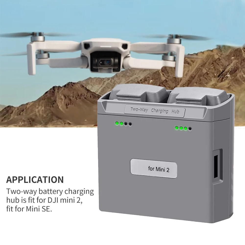 Chargeur batterie drone DJI Mini 4K Mini 2 SE avec deux batteries insérées, charge rapide 2 batteries en parallèle.