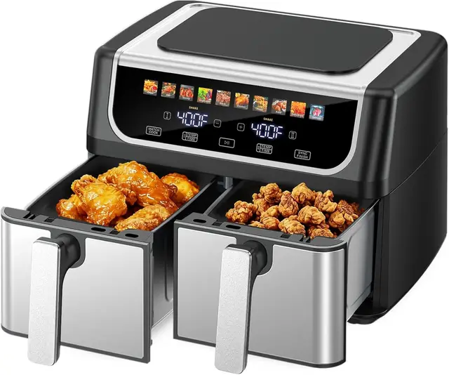 Dual Basket Air Fryer, 9.5 Quart Large Air Fryer with Double Basket, Black