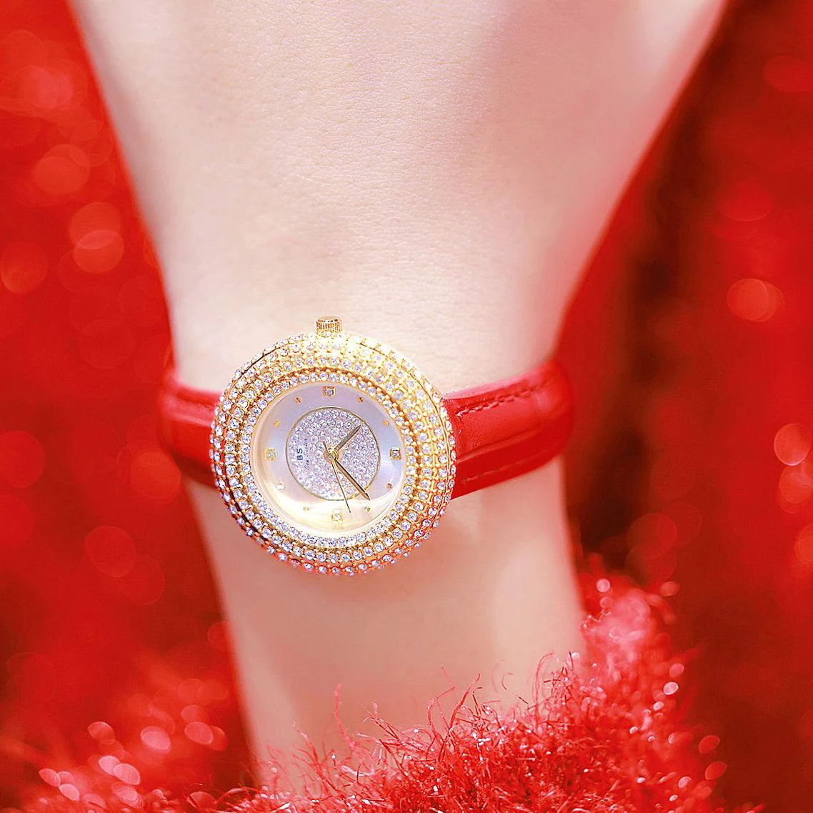 2023 New BS Women Watch Rose Gold Full Diamond Luxury Fashion Women's Dress Quartz Wristwatch Leather Strap Ladies Watches Gift