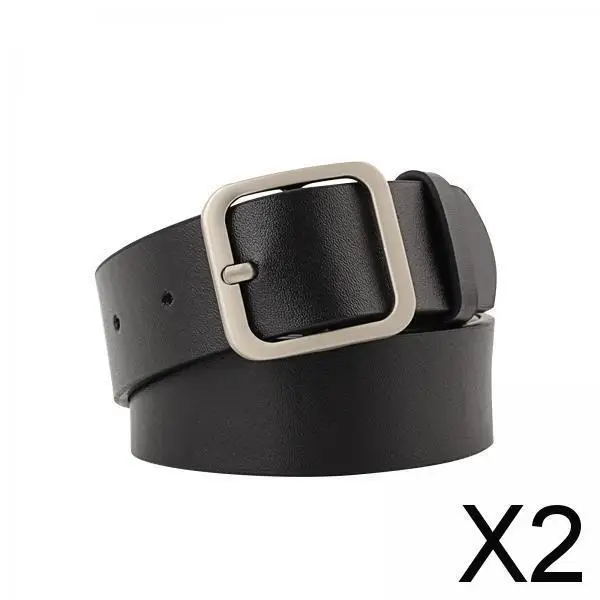 2xWomen`s PU Leather Belt Adjustable Female Waistband for Skirt Trousers Pants 90cm Black Silver Buckle