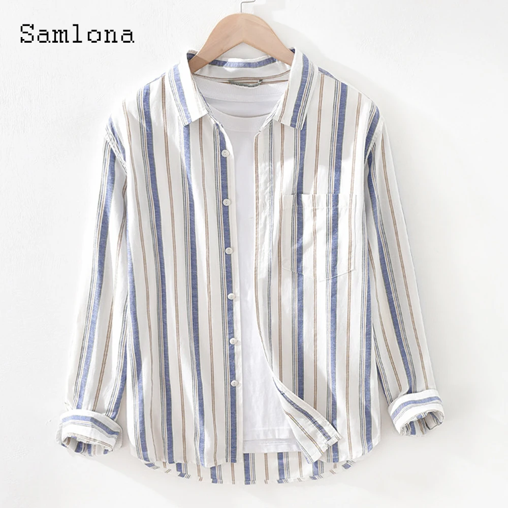 

Samlona Plus Size Men Long Sleeves Basic Shirt Clothing 2023 Kpop Style Fashion Tops Streetwear Men's Casual Retro Stripe Blouse