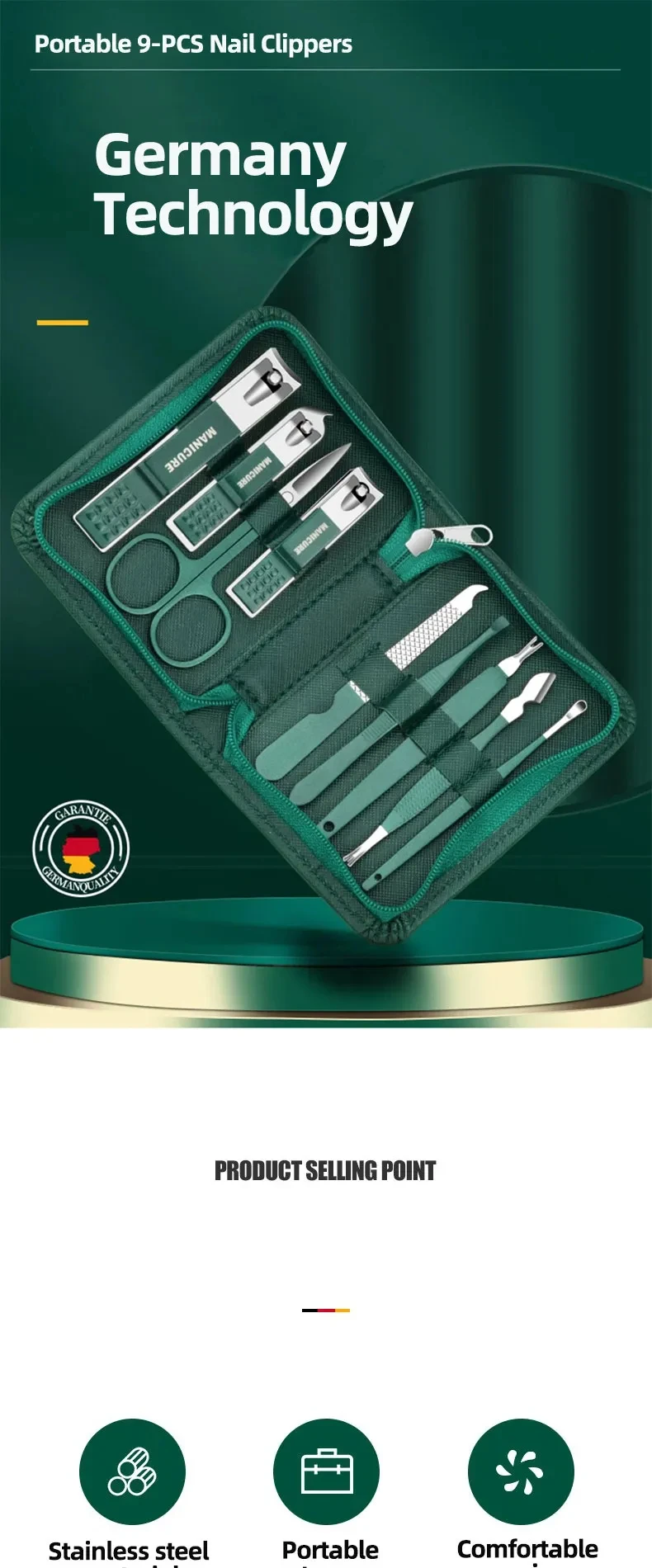 Description Picture 2 of itemGreen 9 Pcs Manicure Set With Leather Case Professional Foot And Face Care Tool Kits Stainless Steel Nail Clipper Sets Gift