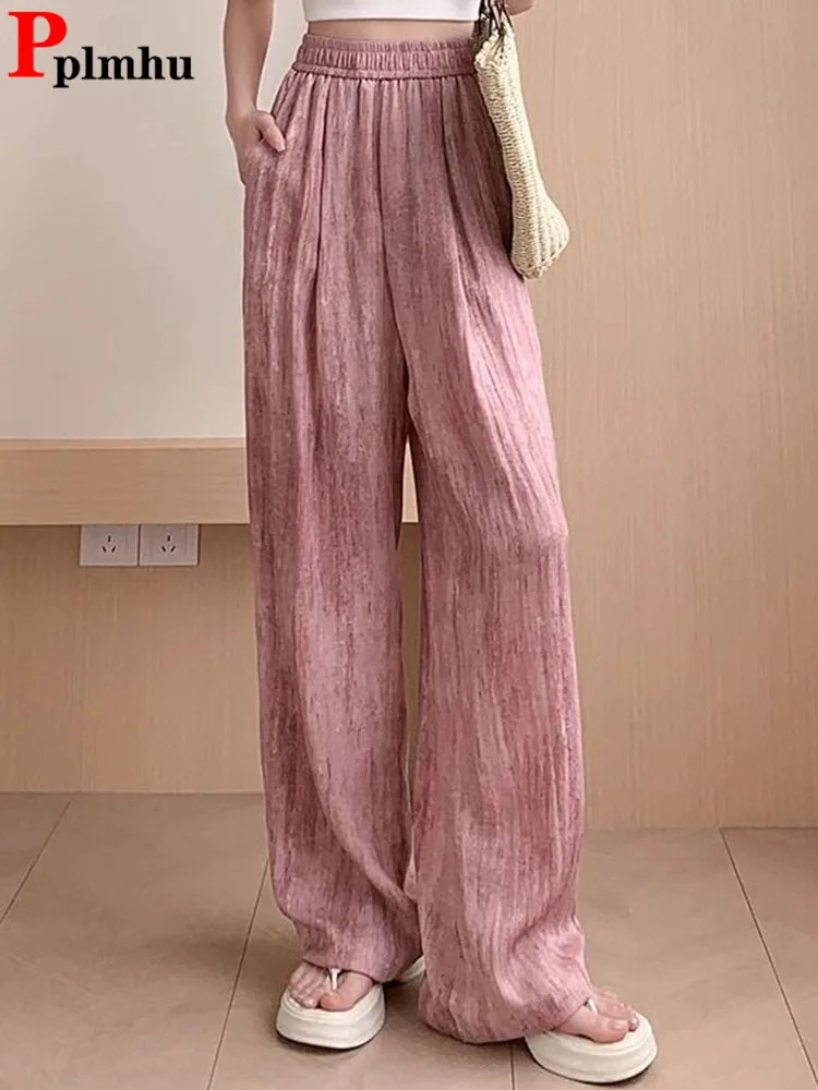 

Summer Thin Baggy Straight Pants Women Casual Elastic High Waist Wide Leg Pantalones Korean Cotton Linen Sunscreen Sweatpants