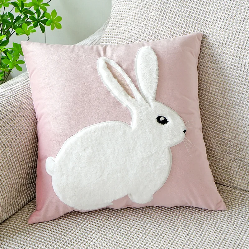 Federa Per Cuscino Pasquale 45x45 Cm Con Coniglietto, Finto Lino Bianco, Decorazione Primaverile