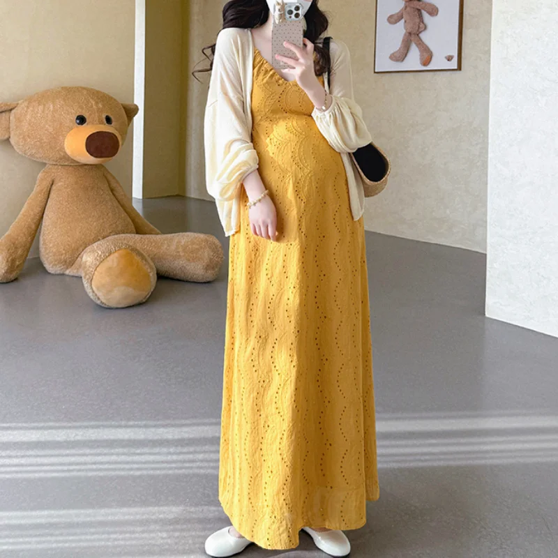 임산부 세트 한국 스타일 부드러운 니트 가디건 V넥 스트랩 드레스 봄 신상 투피스 세트 일반 두께 긴팔