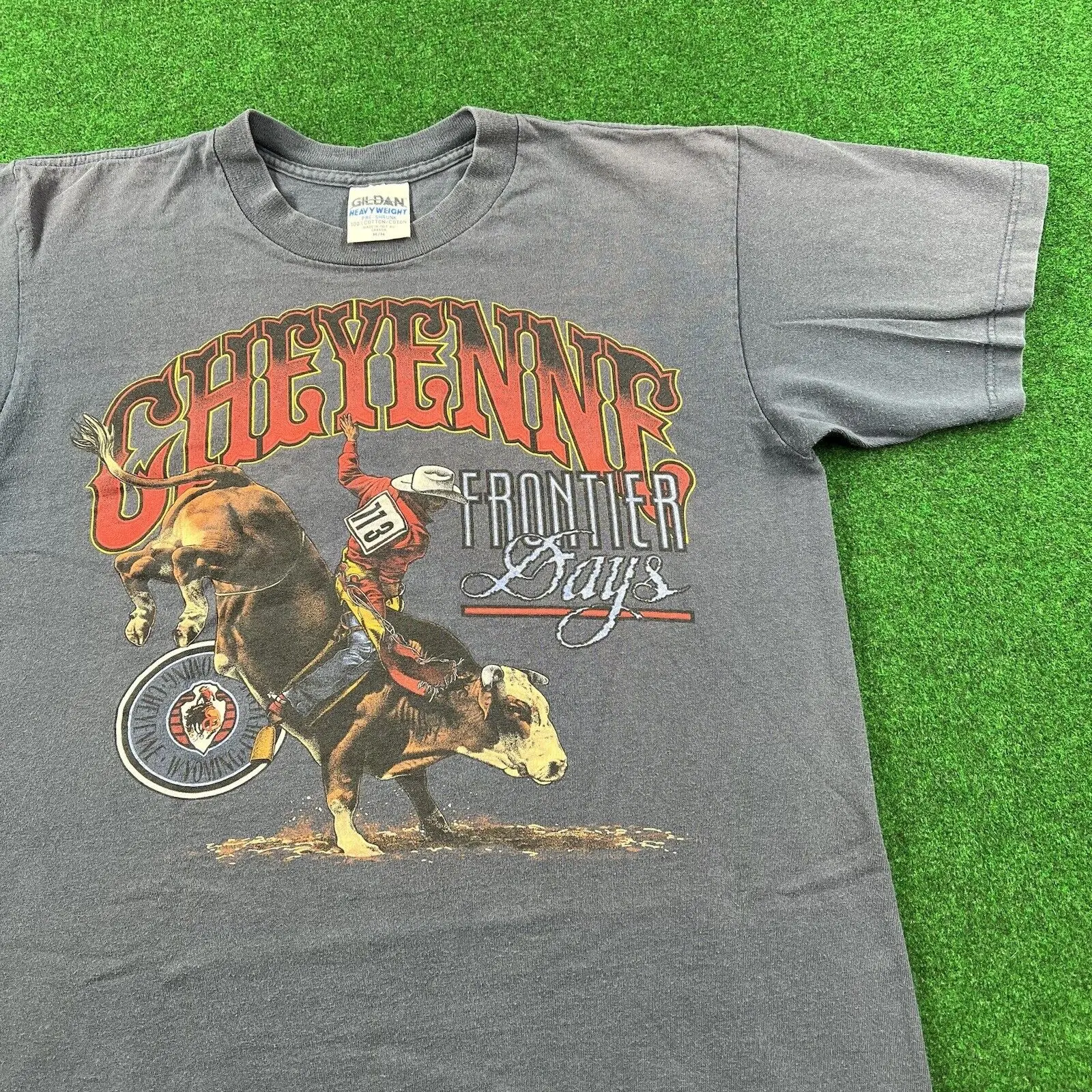 Vintage Bull Riding Shirt Uomo M Blue Rodeo Cowboy Cheyenne Frontier Days Anni '90 Maniche Lunghe O Corte