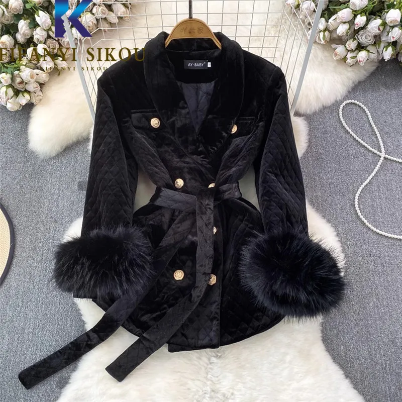 

Autumn Winter Thickening Warm Blazer Jacket Women Plush Spliced Black Velvet Suit Jacket Belt Elegant Chic Blazers Coat Female