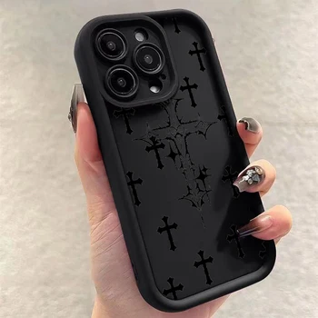 Black Cross Print Phone Case For iPhone 16 15 14 13 12 11 Pro Max X XS XR For iPhone 16E 7 8 15 16 Plus SE Shockproof Soft Cover 1