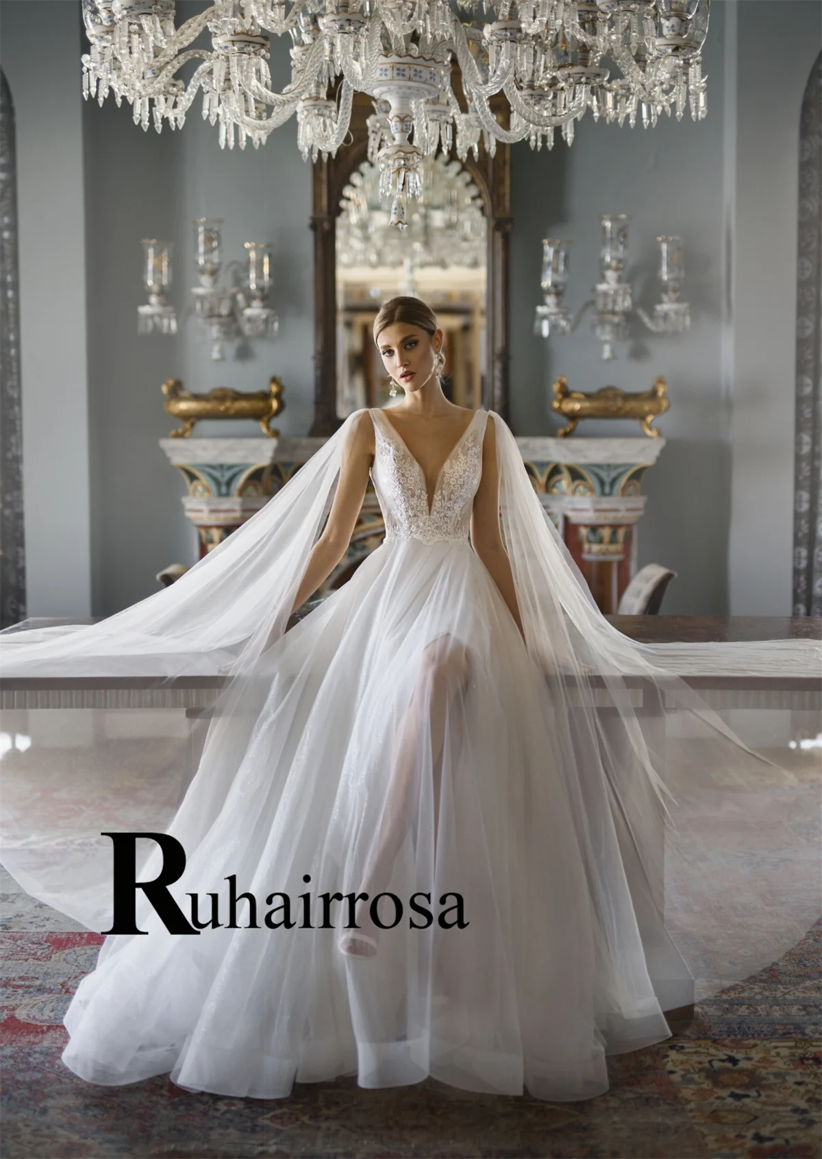 Ruhair Fashionable Wedding Gown for Women V-neck A-line Appliques Button Spaghetti Straps Tulle Vestido De Novia Customized - 2