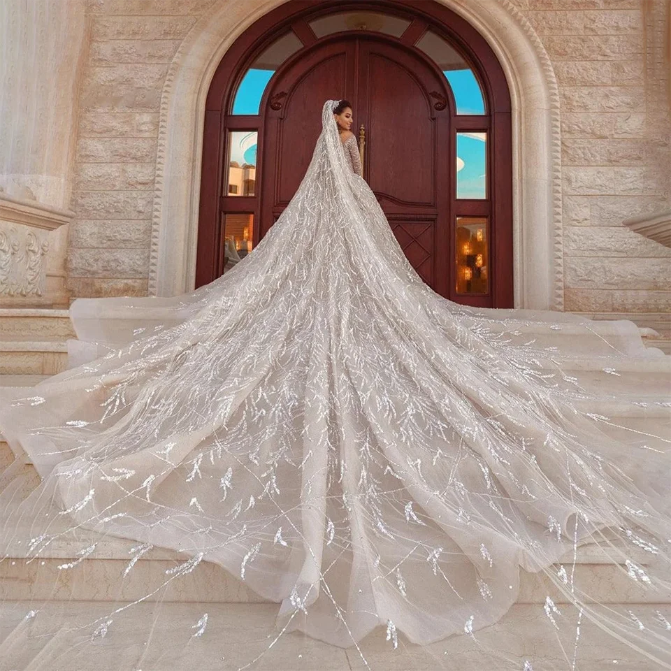 Luxuriöses V-Ausschnitt Funkelndes Pailletten-Ballkleid Hochzeitskleider 2026 Prinzessin Dubai Arabische Langarm-Brautkleider Vestidos De Novia – Detail 4