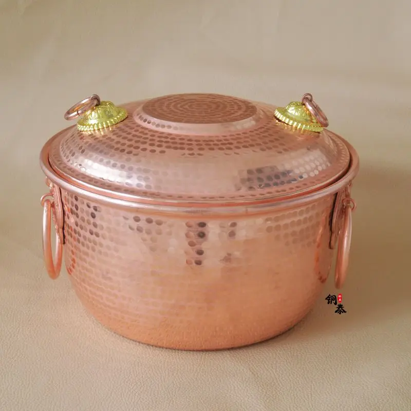 

Pure Copper Pot Thick Double Handle Stew Steam Soup Deep Casserole Steamer Handmade With Lid