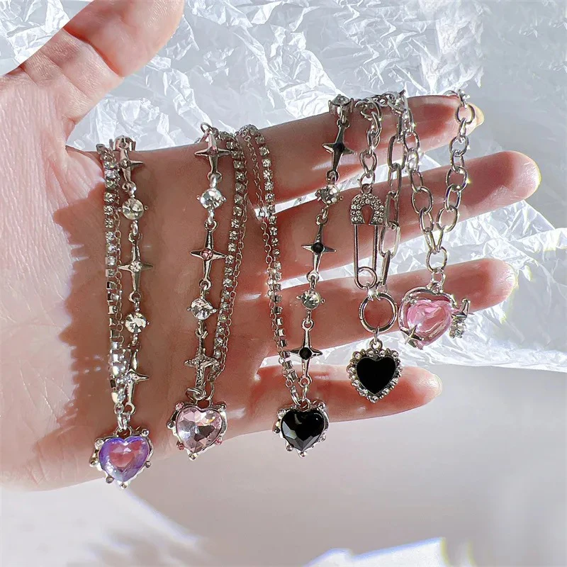 

1PC Ins Style Crystal Heart Necklace Fashion Shiny Clavicle Chain Creative Neck Chain For Women Girls Trend Party Gifts Jewelry