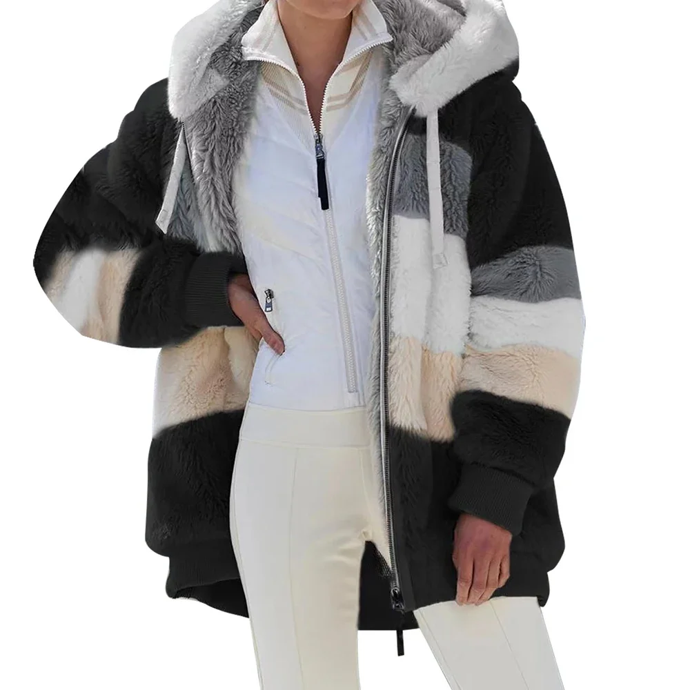 Oversized Jacket for Women Coat 2024 Autumn Winter Warm Plush Pocket Hooded Streetwear Loose Lady Zipper Cashmere Outerwear Coat 4