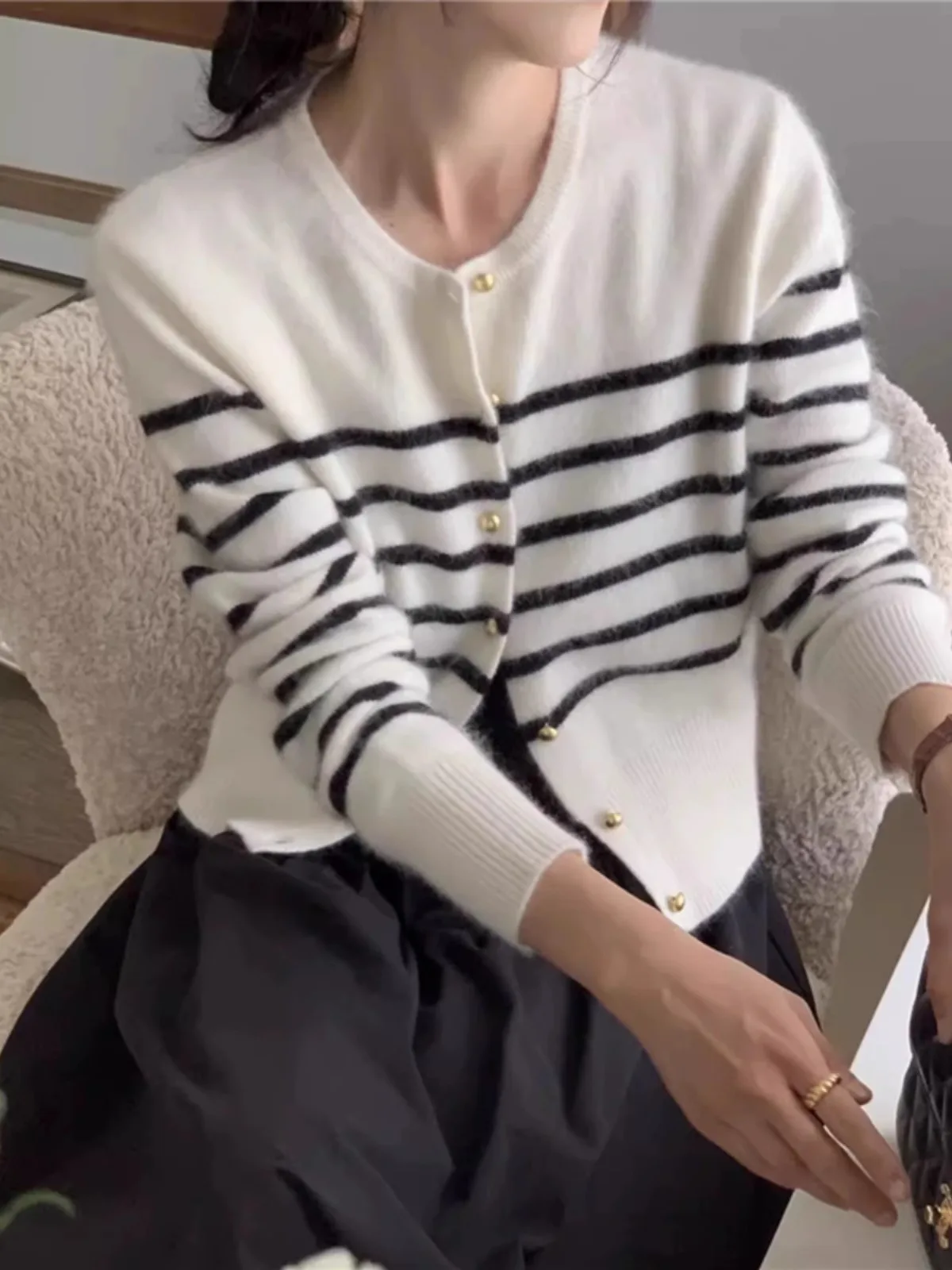 여성용 캐주얼 편안한 루즈핏 짧은 캐시미어 니트 가디건, 라운드넥 스웨터 코트, 울 탑, 용수철 및 가을