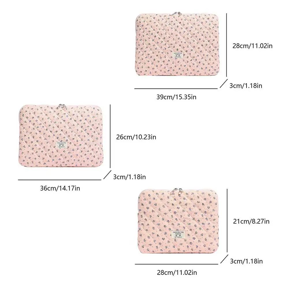 Korean Flower Printed Laptop Carrying Case Quilted Notebook Protective Sleeve Cute INS Grid Handbag for 11-15 Inch Laptop Tablet