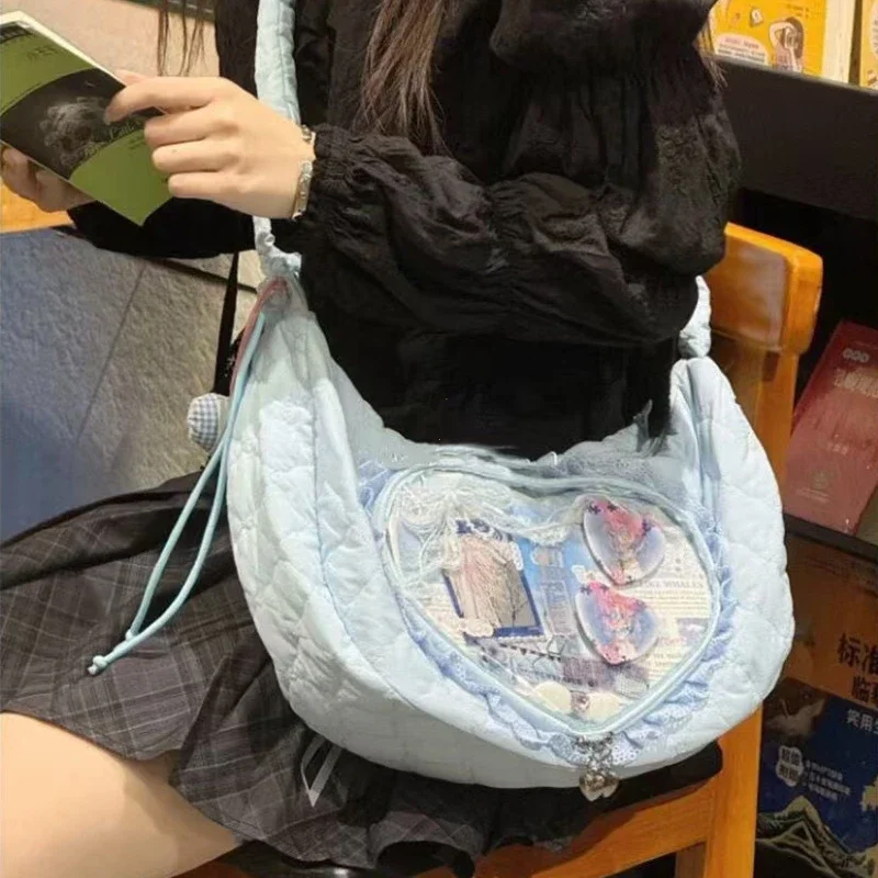 Pink Cute Womens Shoulder Bag Pleated Love Heart Lolita Jk Ita Bag Drawstring Ballet Style Sweet Fashion Female Handbag