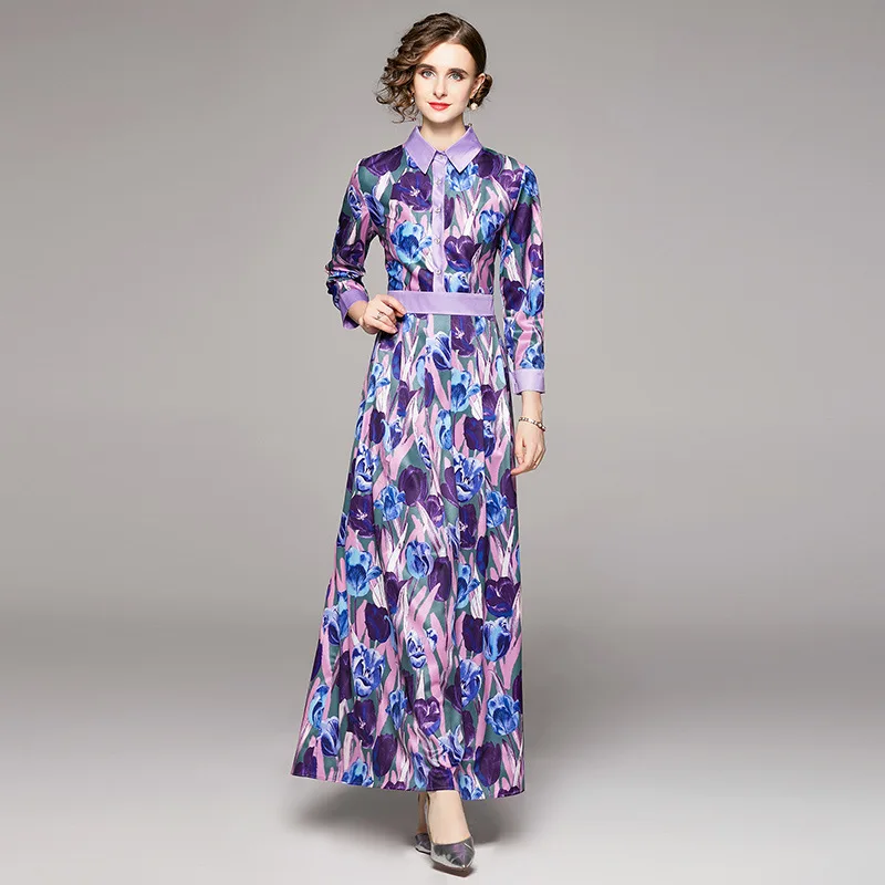 

Женское однобортное платье-поло с принтом, длинное облегающее ТРАПЕЦИЕВИДНОЕ ПЛАТЬЕ с длинными рукавами и воротником-поло, весна 2024