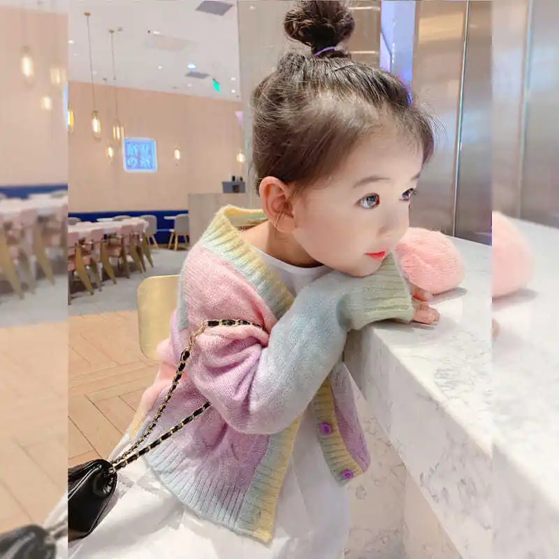 New Girls' Autumn Clothes Rainbow Knitted Cardigan Children's Foreign Style Sweater Pullover Baby Knitted Sweater
