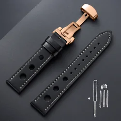 Vintage Brown and Black Oil Wax Cowhide Leather Watch Straps with Butterfly Buckle and Breathable Design - 20mm (Black - Rose Gold)