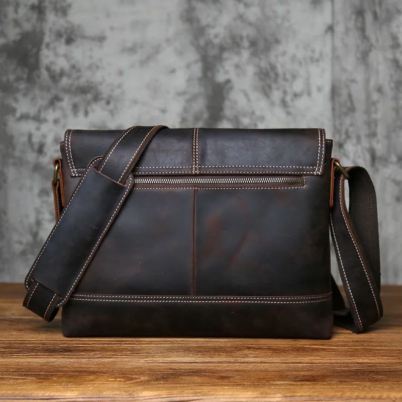 NZPJ Retro Genuine LeatherMen's Shoulder Bag Top Layer Cowhide Brown Handmade Crazy Horse Leather A4 File Messenger Bag for Men