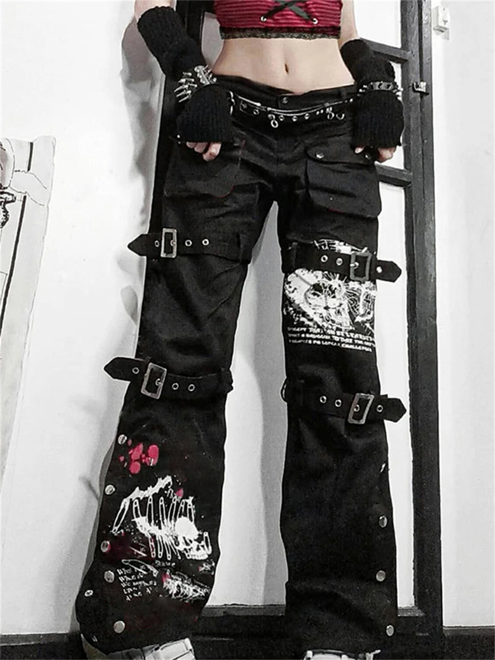 

Fairy Grunge Wide Leg Techwear Goth Gothic Trousers Y2K Punk Cargo Pants Skull Print Egirl Emo Harajuku High Waist With Pockets