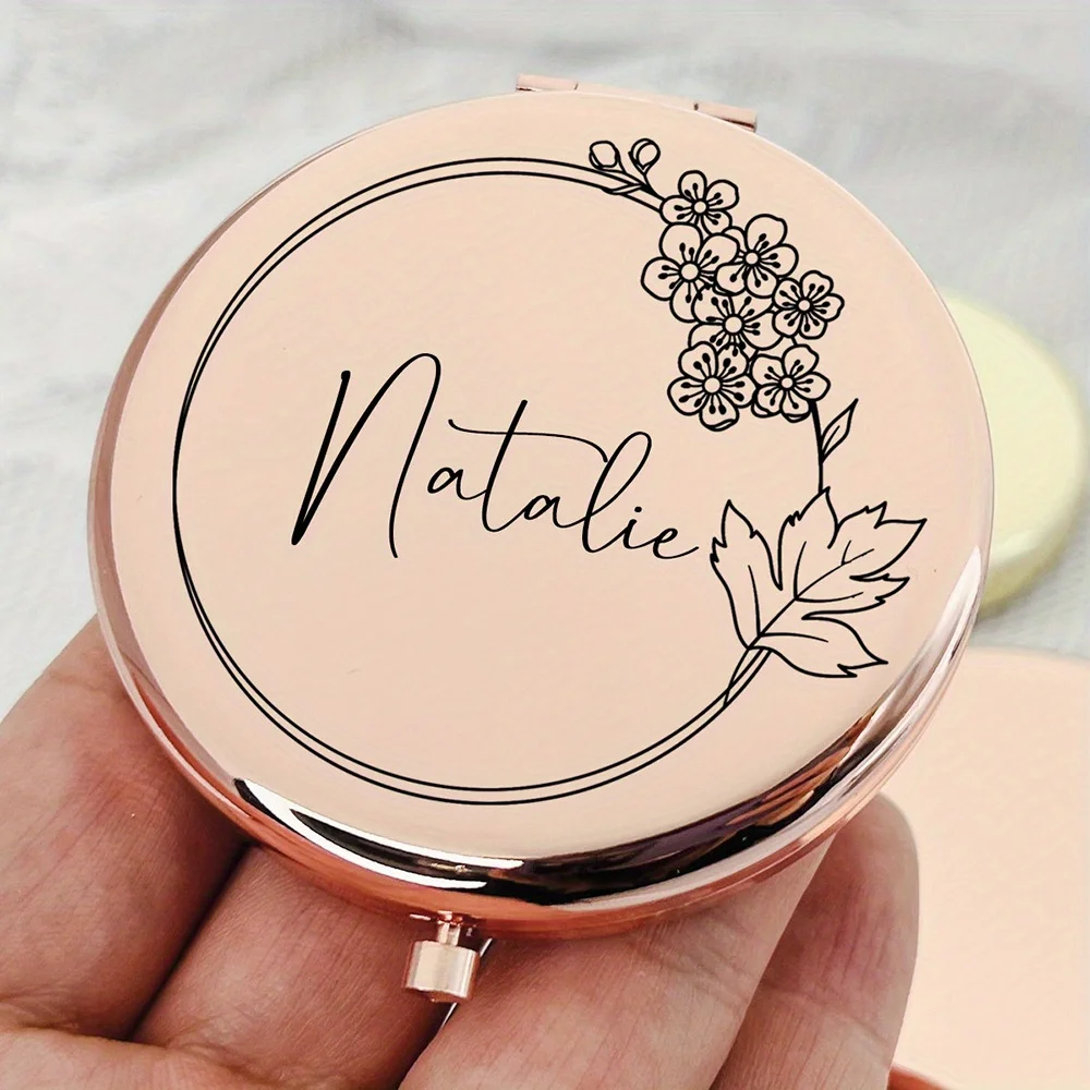 Custom Name Floral Compact Mirror Elegant Rose Golden Finish Vintage ...