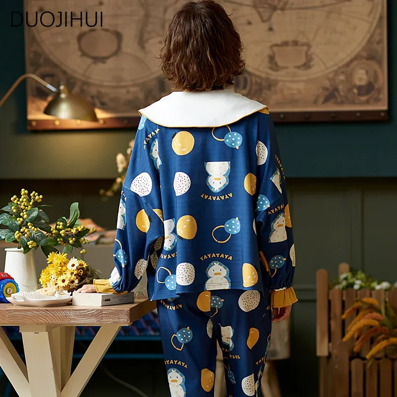 DUOJIHUI Sweet Print Two Piece Simple Female Sleepwear Autumn Chic Long Sleeve Pullover Loose Pant Casual Home Pajamas for Women