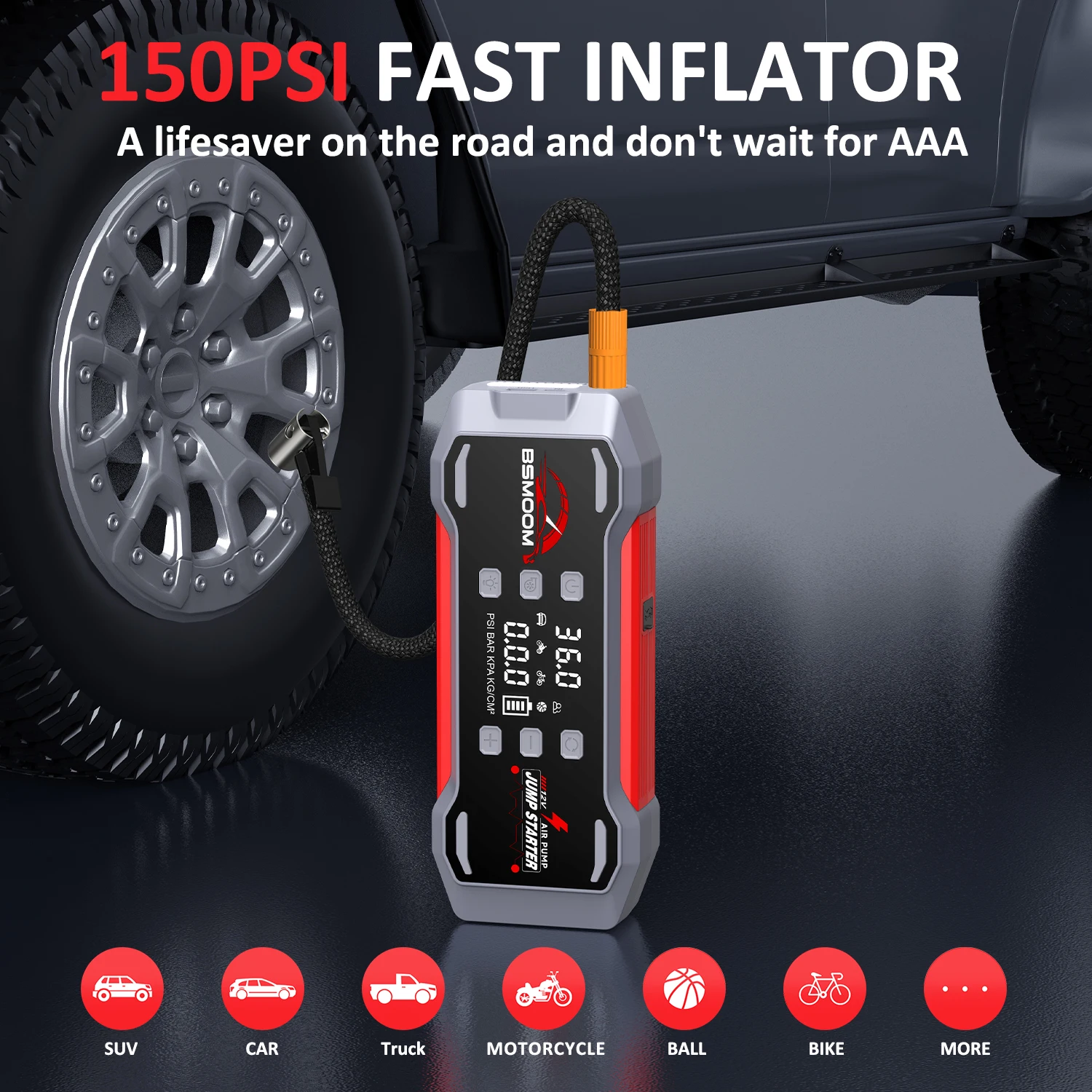 BSMOOM 9000A Avviatore di emergenza per auto Pompa d'aria 6 in 1, compressore d'aria, ventilatore, batteria ausiliaria e cavi di emergenza intelligenti 12V - immagine 3