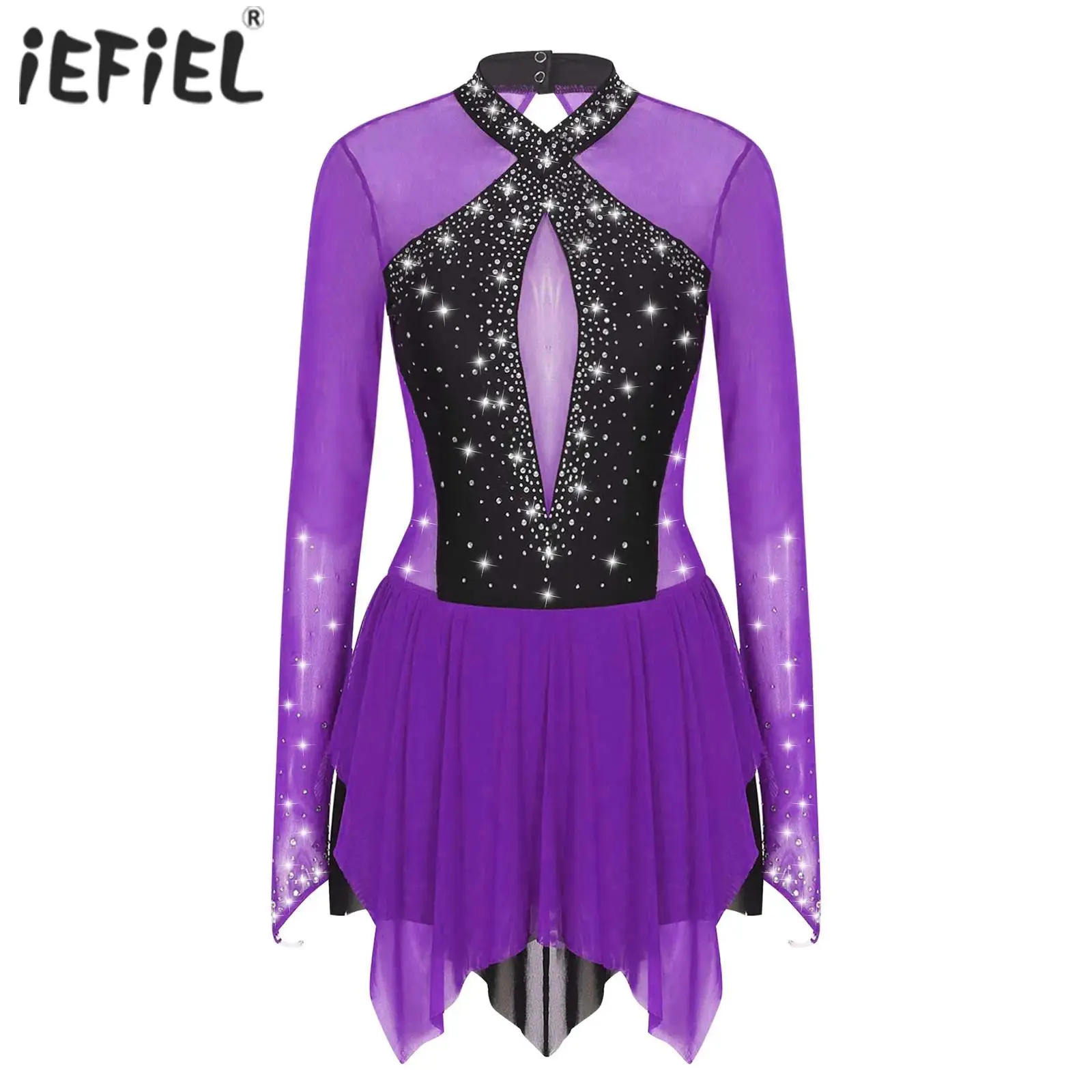 WomensShinyRhinestoneBalletLyricalDanceCostumeIrregularHem
