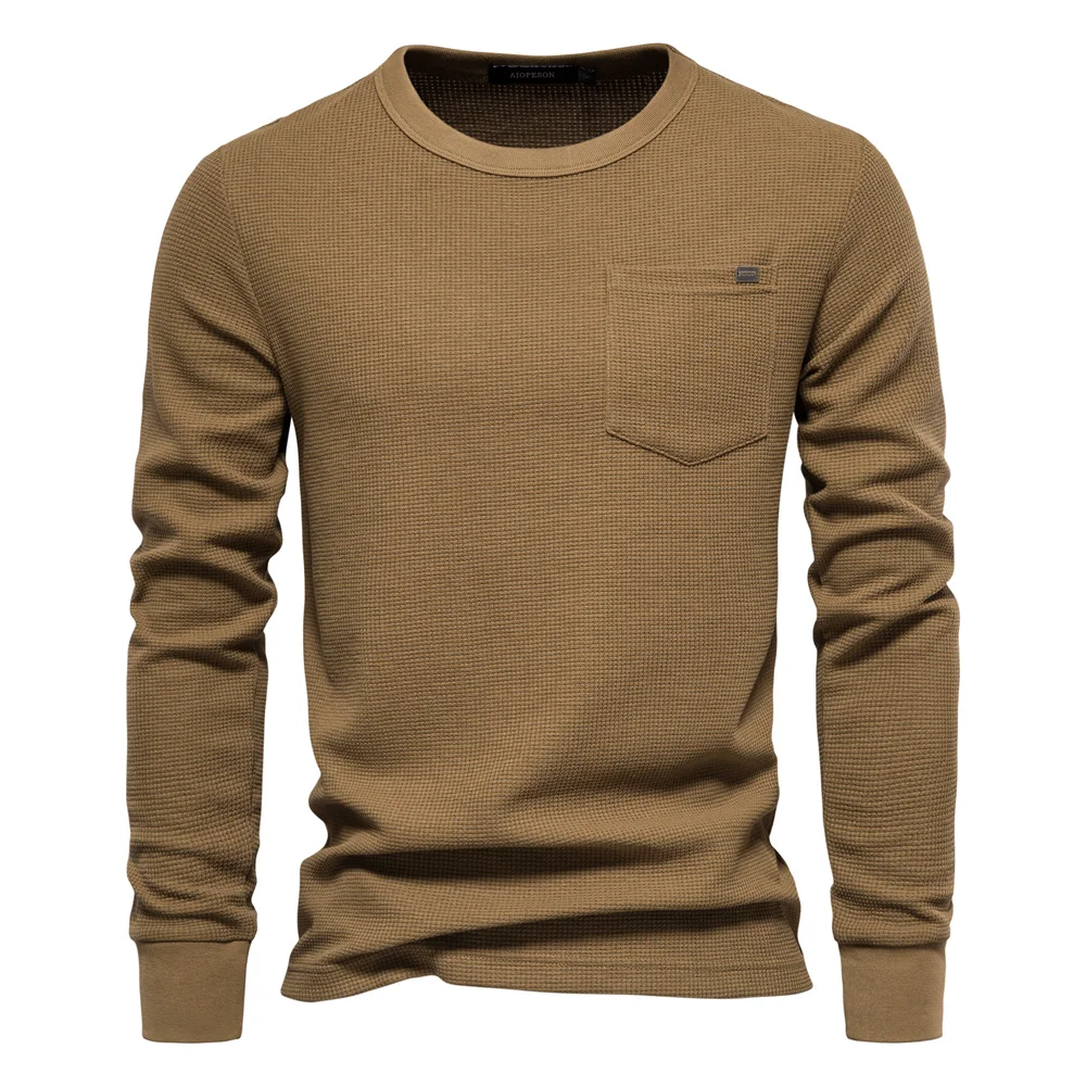 Men's Waffle Knit Long Sleeve Cotton T-Shirt - Solid Color with Single Pocket