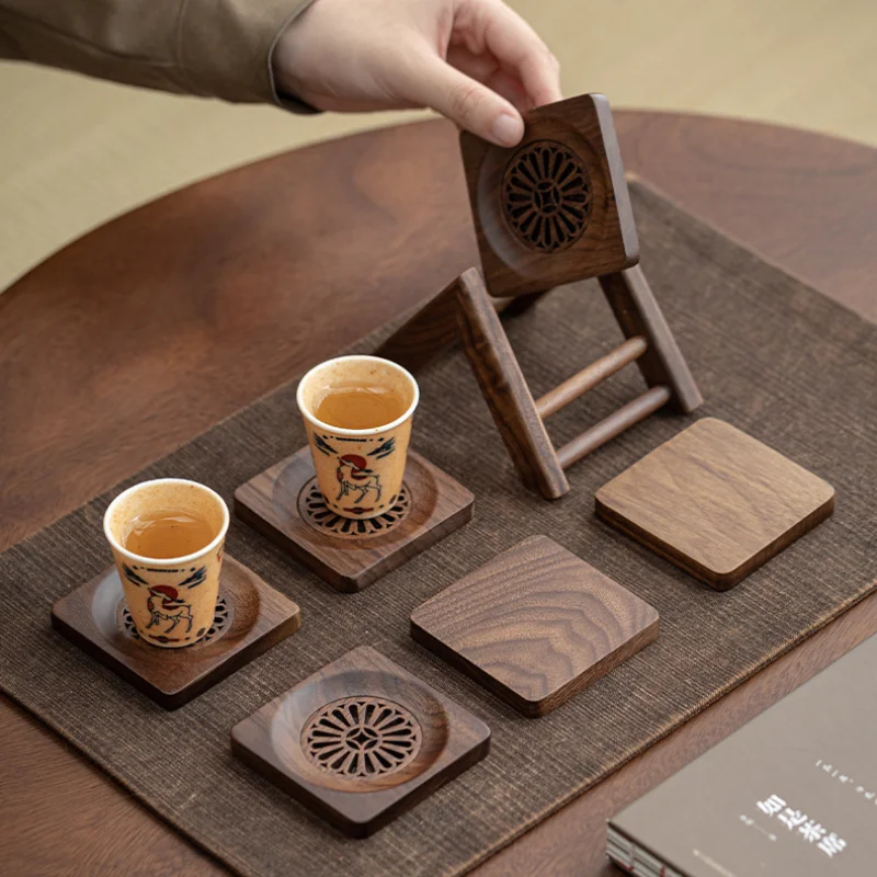 6pc/set Walnut Insulated Coaster Drain Storage Rack Set For Home Use Anti Scalding And Slip Tea Cup Holder, Kung Fu Tea Ceremony