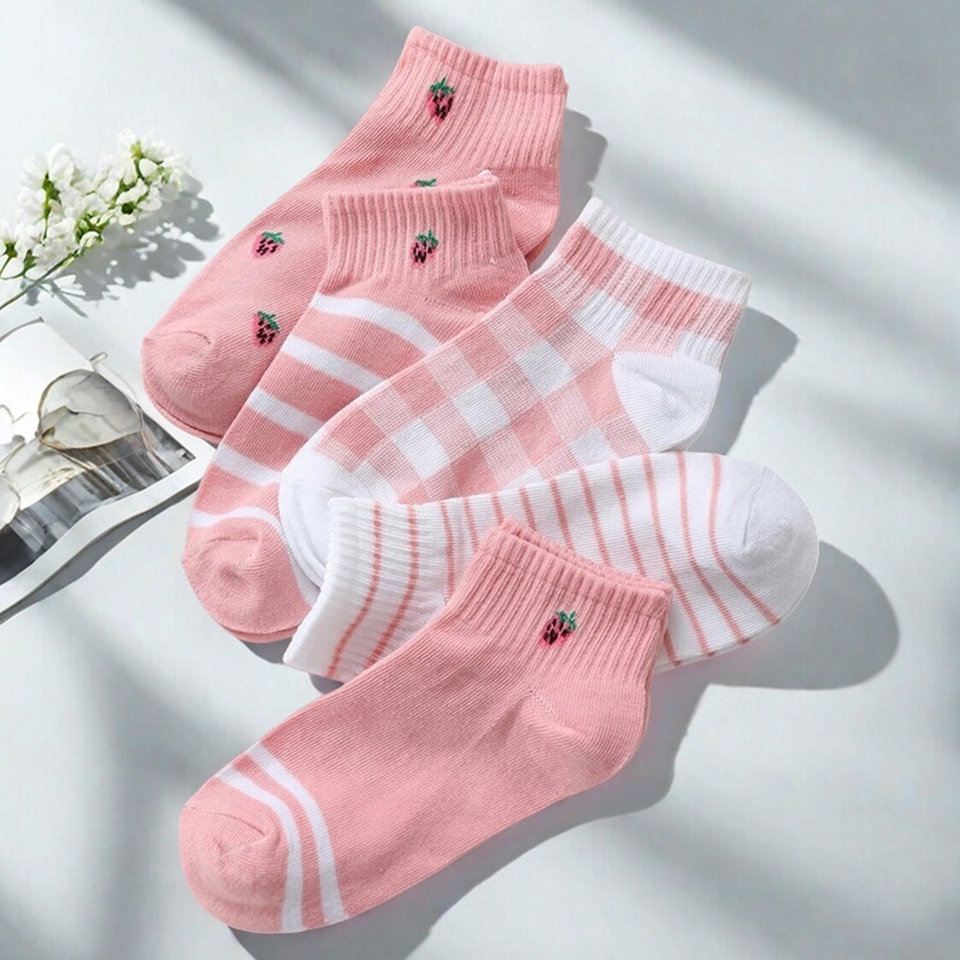 5/10 Pairs Cartoon Women Socks Versatile Trendy Striped Strawberry Pattern Short Socks Soft Comfortable Lightweight Casual Socks