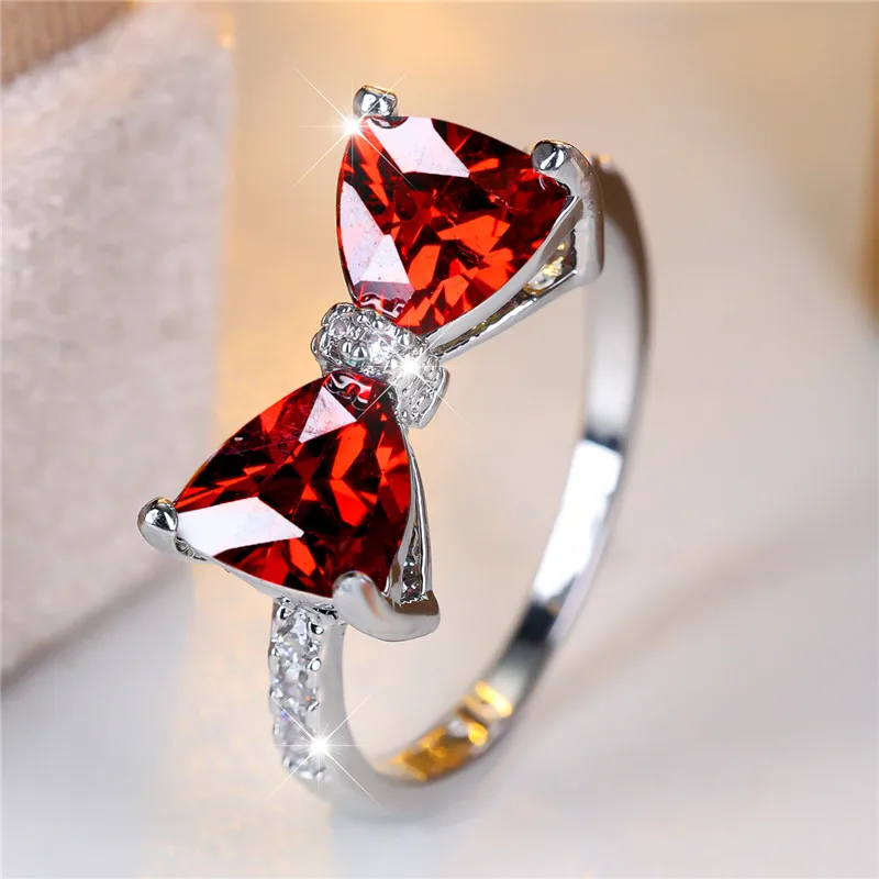 Luxury Female Rainbow Stone Bowknot Engagement Ring Trendy Silver Color Bride Wedding Jewelry Gift For Women