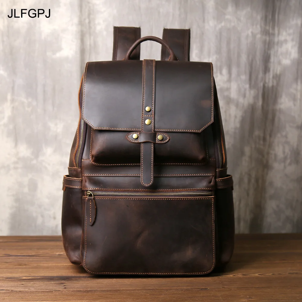 Retro Durable Crazy Horse Leather Backpack Men's Headlayer Leather Large Capacity Zipper Buckle with Outdoor Travel Computer Bag 1