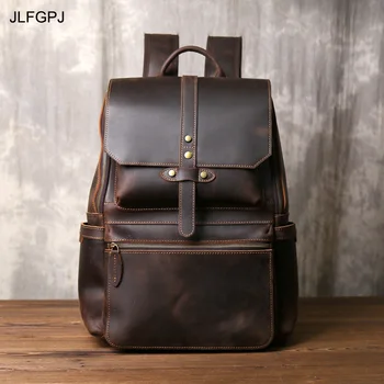 Retro Durable Crazy Horse Leather Backpack Men's Headlayer Leather Large Capacity Zipper Buckle with Outdoor Travel Computer Bag 1