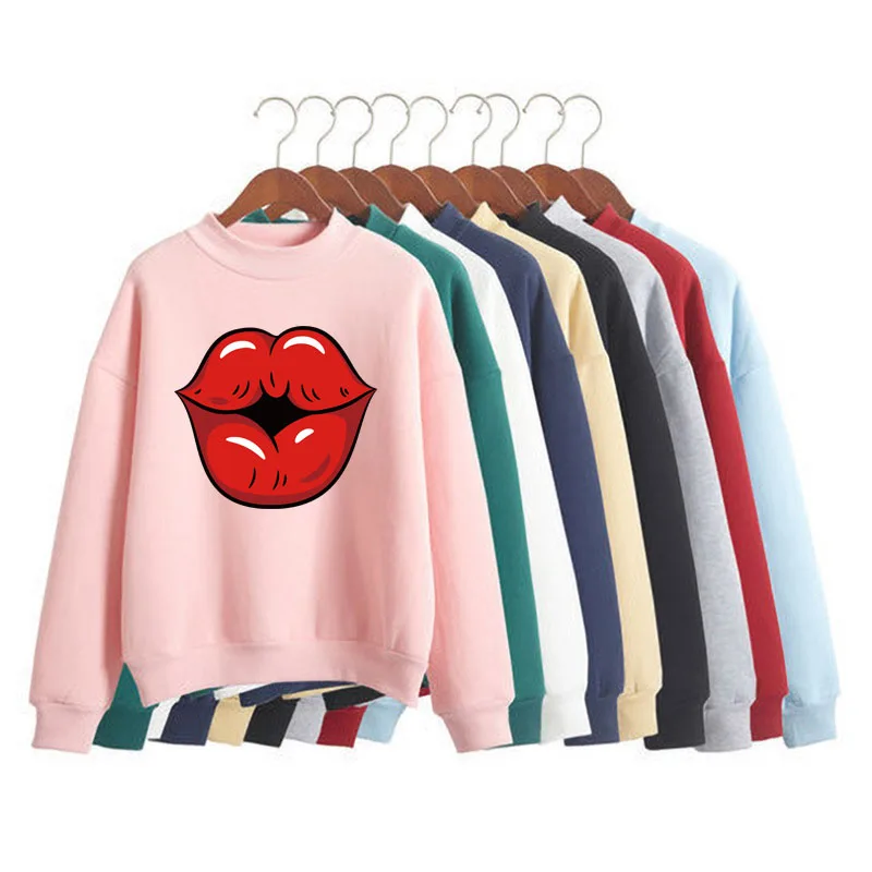 

Fashion Red Lips Print Women Sweatshirt Sweet Korean O-neck Knitted Pullover Thick Autumn Winter Candy Color Loose Lady Clothing