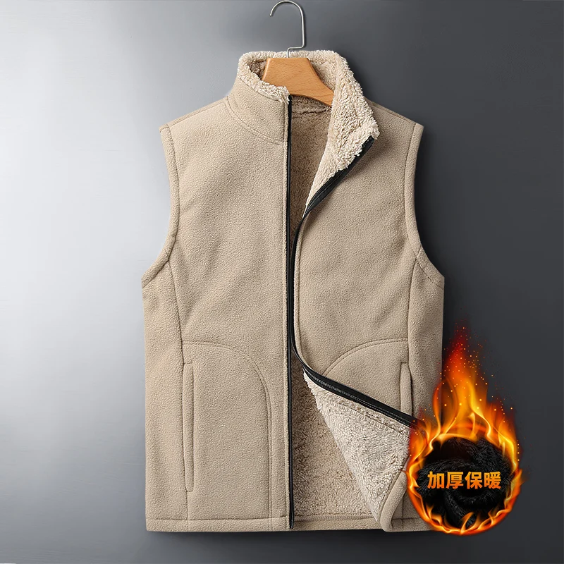 Men's Autumn Winter Fashion Casual Thick Sleeveless Solid Color Stand Collar Pockets Warm Cardigan Zipper Middle-aged Vest Coat