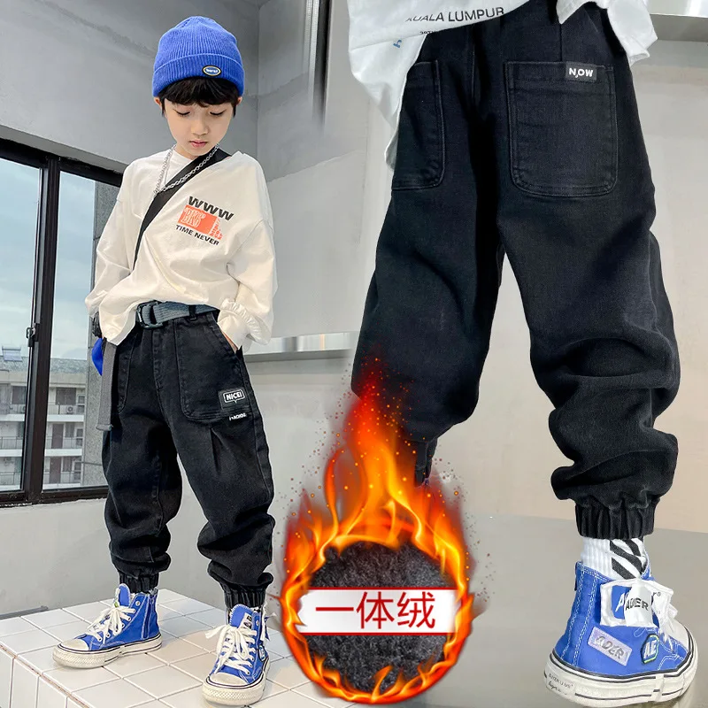 

Winter Plus Velvet Boy Jeans Thick Fleece Denim Pants Casual High Waist Straight Warm Denim Pants Retro Cowboy Trousers