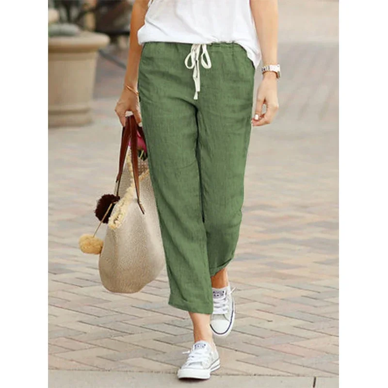 Solid Color Drawstring Elastic Waist Women Long Pants Loose Fit Plus Size Pockets All-Match Comfortable Straight Lady Trousers 3