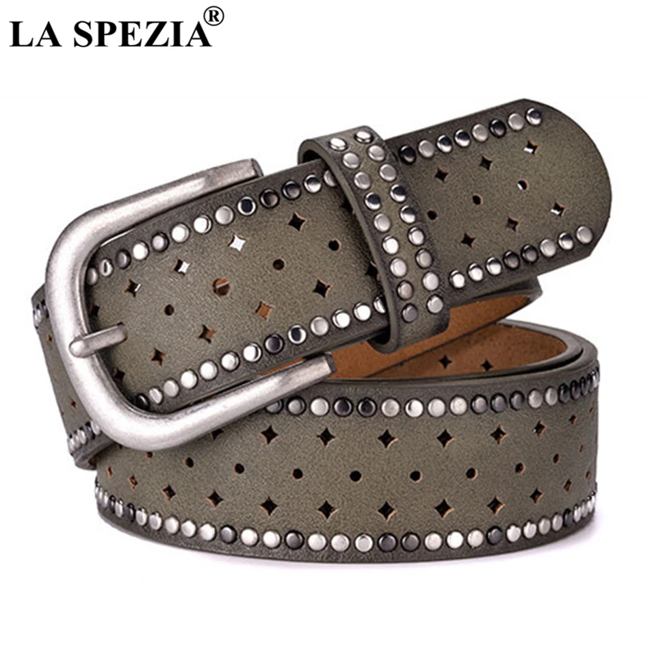 LA SPEZIA 2024 PU Leather Green Women Belt Rivet Pin Buckle Belts for Trousers Female Navy Hollow Out Vintage Ladies Belt