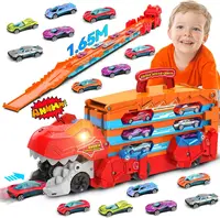 Dinosaur 3-In-1 Transport Truck Car Toys for Boys Age 3+ 8 Race Cars Ejection Folding Portable Track Toy with Sound for Kids