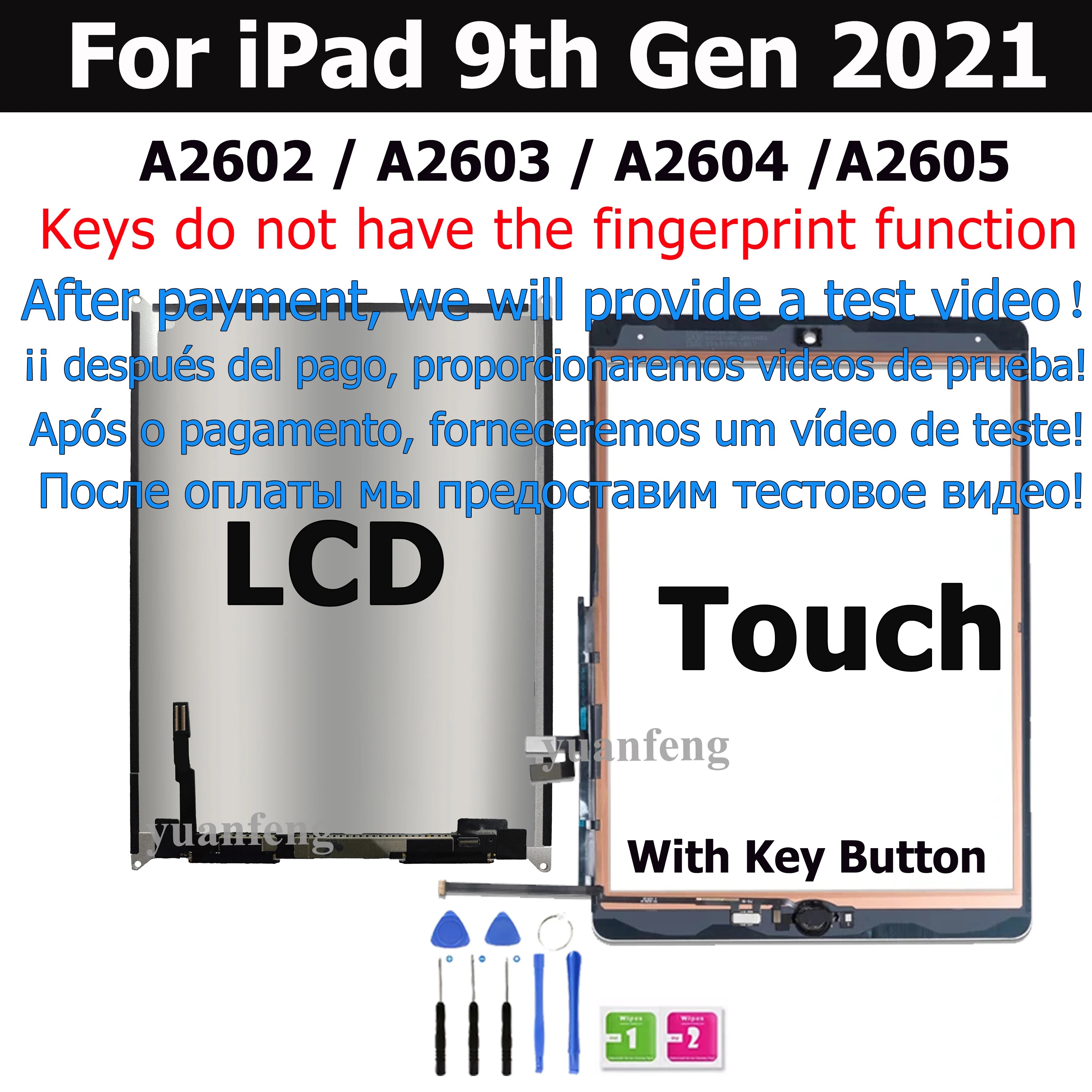 새로운 테스트 된 10.2 ''iPad 2021 9 세대 A2602 A2603 A2604 A2605 LCD 터치 스크린 유리 디스플레이 패널 교체 부품 용 새 LCD