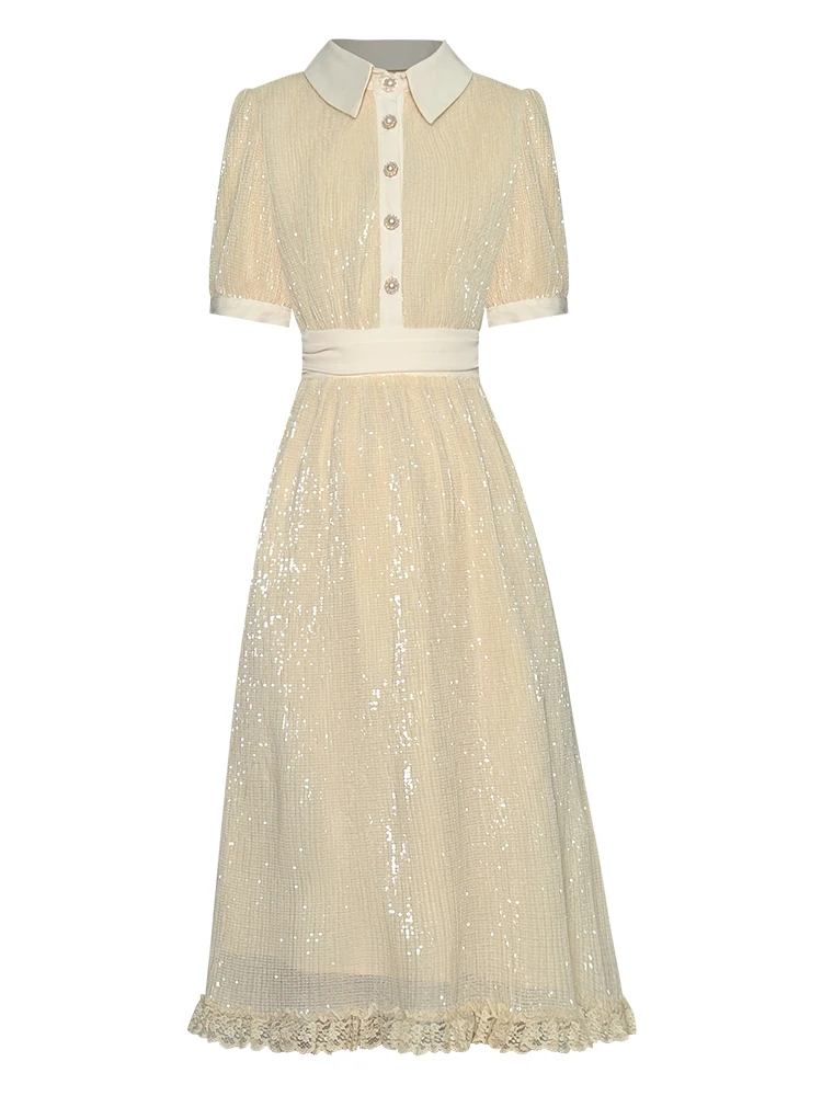 

Sweetsince Gold Sequins Medium Long Dress Polo Collar Short Sleeve High Waist Summer Woman Bright Colorful Chic2023 Designer New
