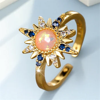 Cute Female White Blue Zircon Opal Stone Adjustable Ring Vintage Gold Color Opening Wedding Jewelry For Women