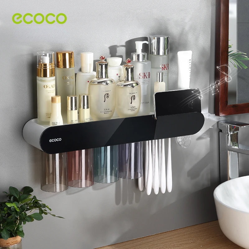 Toothbrush Holder Toothpaste Dispenser ECOCO Magnetic Adsorption Inverted Toothbrush Holder Automatic Toothpaste Squeezer Dispenser Storage Rack Bathroom Accessories