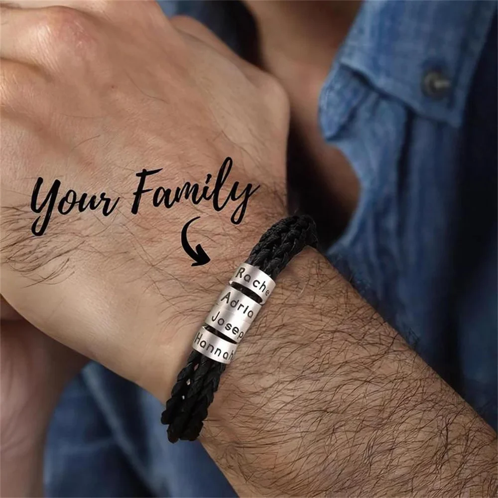 Custom Name Bracelet Custom Genuine Leather Mens Bracelets Personalized Laser Engraving Family Children Names Bracelet